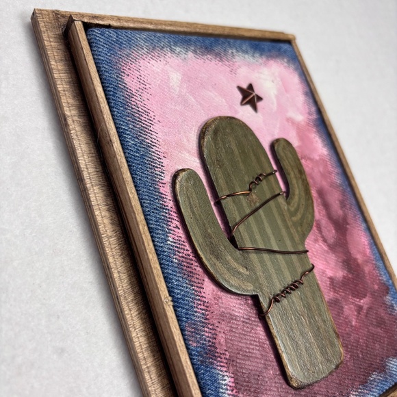 Mixed Media Wall Art Saguaro Cactus Pink Sunset Star Desert Wood Southwest 6 x 8 - Picture 2 of 5